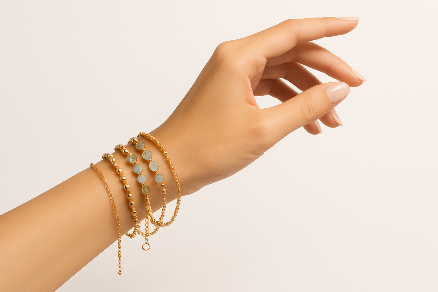 a woman hand wearing bracelets, don't show body or face
